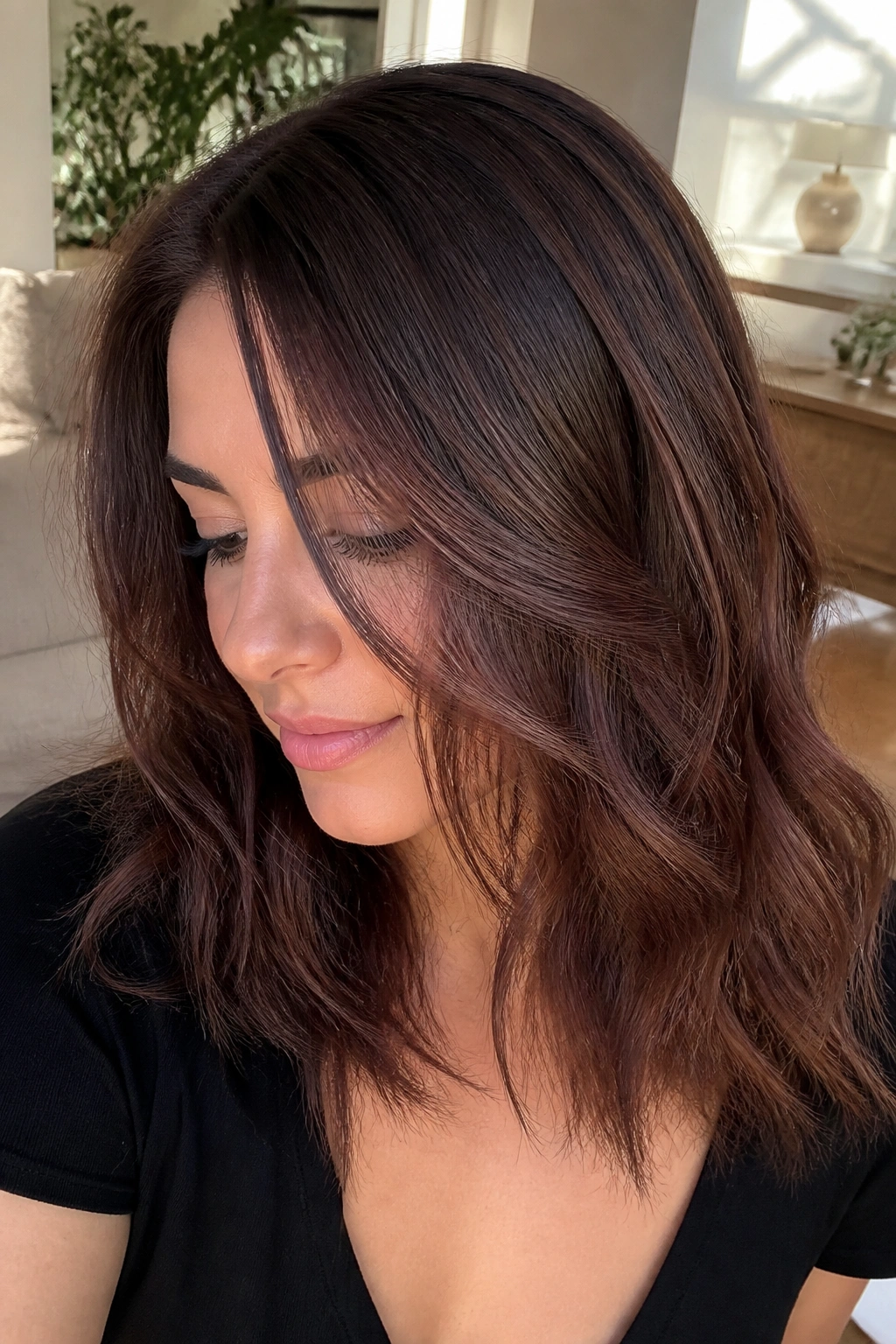 Portrait of auburn-brown hair with a soft graphite veil for a dimensional cool-toned look.