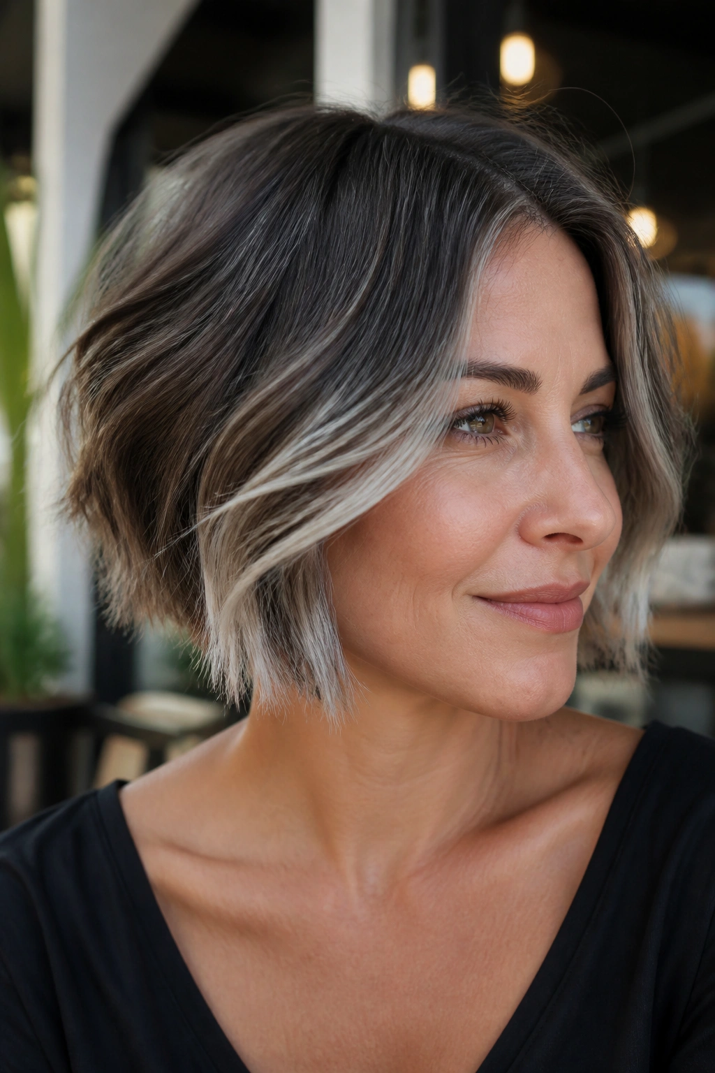 Choppy-ended gray balayage on a chin-length bob