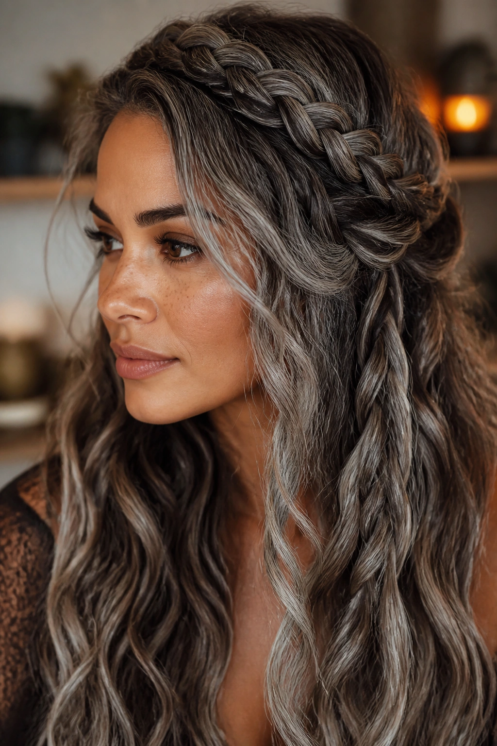 Close-up portrait of a real woman with gray balayage braided hairstyle