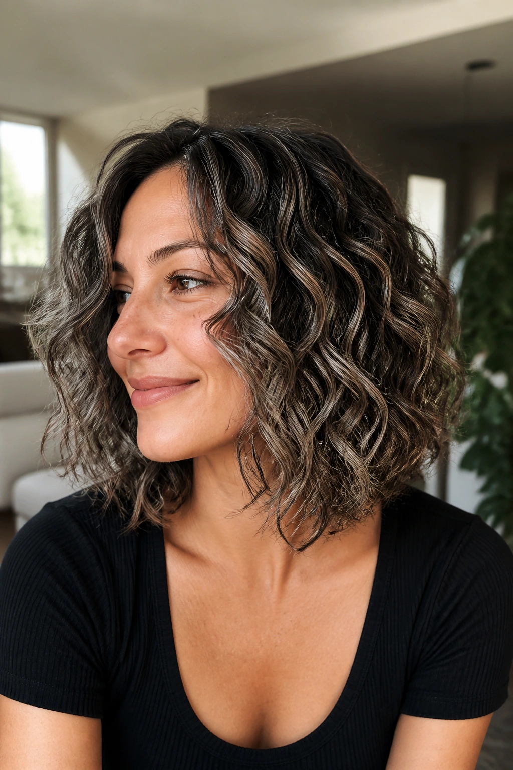 Close-up of curly brown lob with gray balayage along outer curls