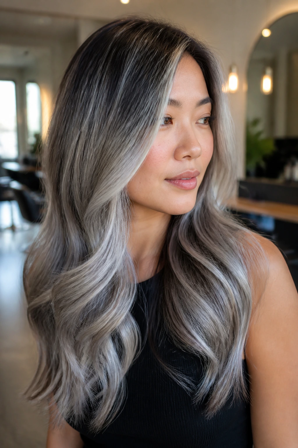 Portrait of a woman with gray-silver balayage and glossy ends in a sunny salon