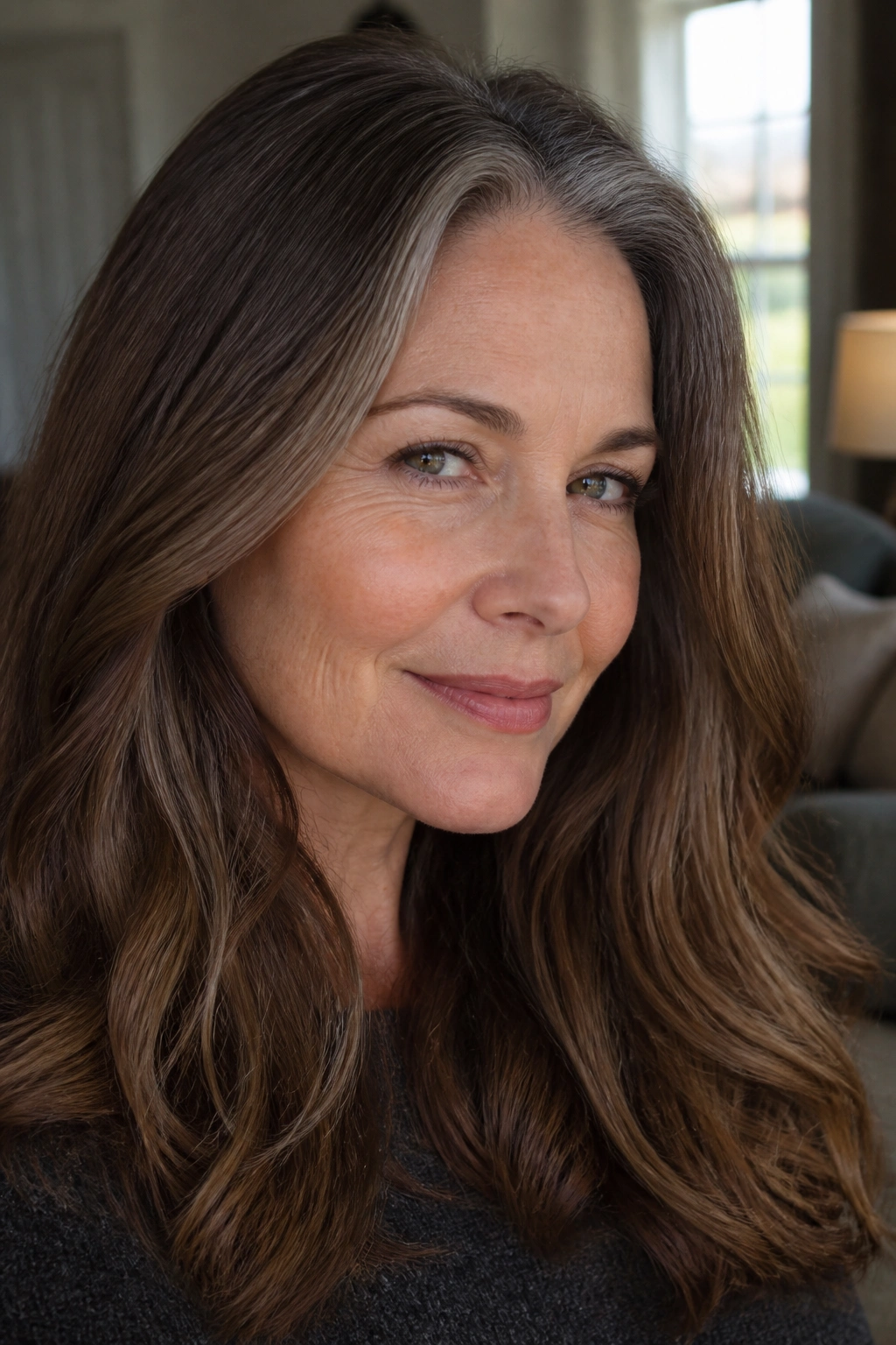 Close-up of a real woman with gray-blending chestnut hair