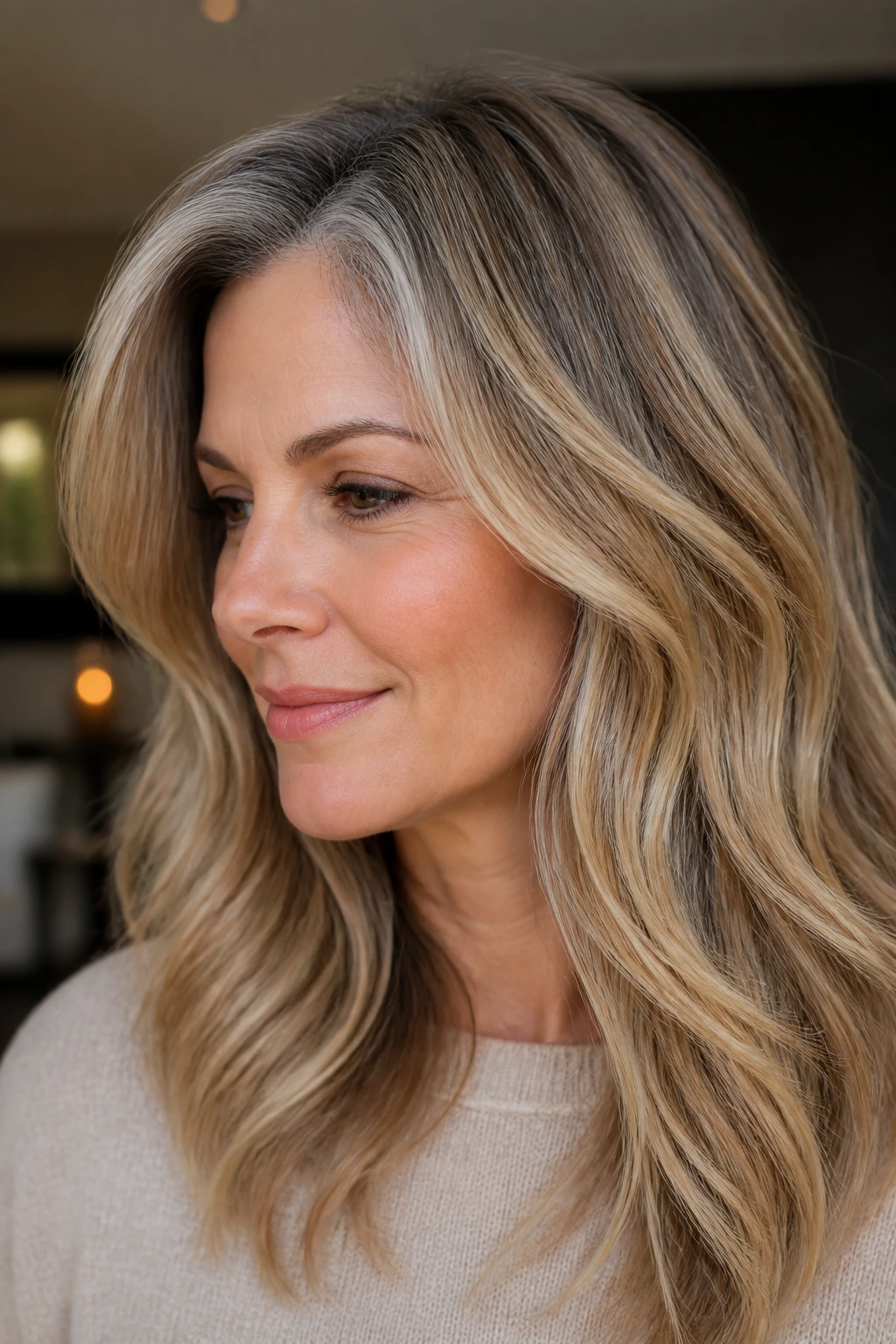 Gray blending with honey blonde highlights on a real person