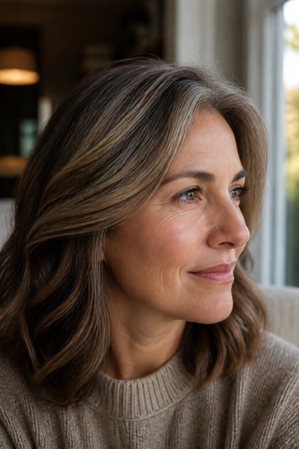 Close-up of a brunette with gray hairs blended with dimensional brown lowlights.