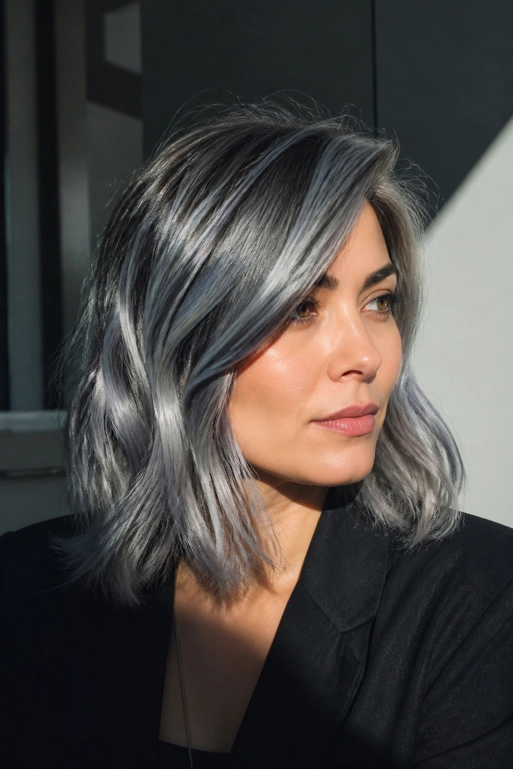 Real woman with smokestack gray-blue silver tones and defined roots