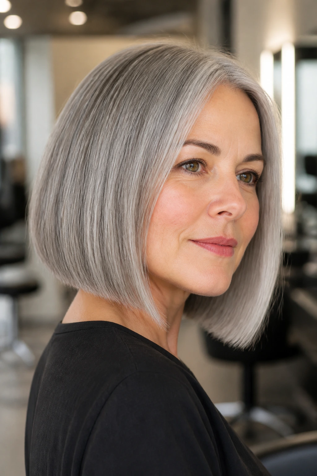 Portrait of a real woman with a gray blunt lob and forward-facing fringe