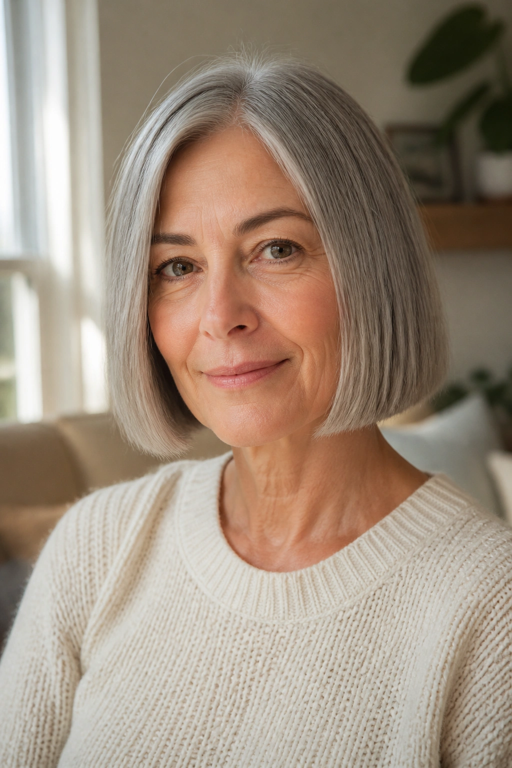 Close-up of a real woman with a blunt chin-length gray bob and off-center part