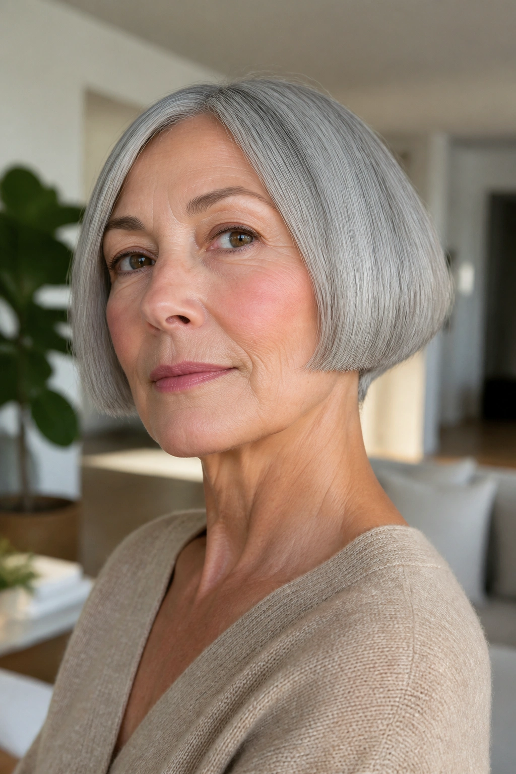 Close-up portrait of a real woman with a cheekbone-length gray micro bob and blunt edge.