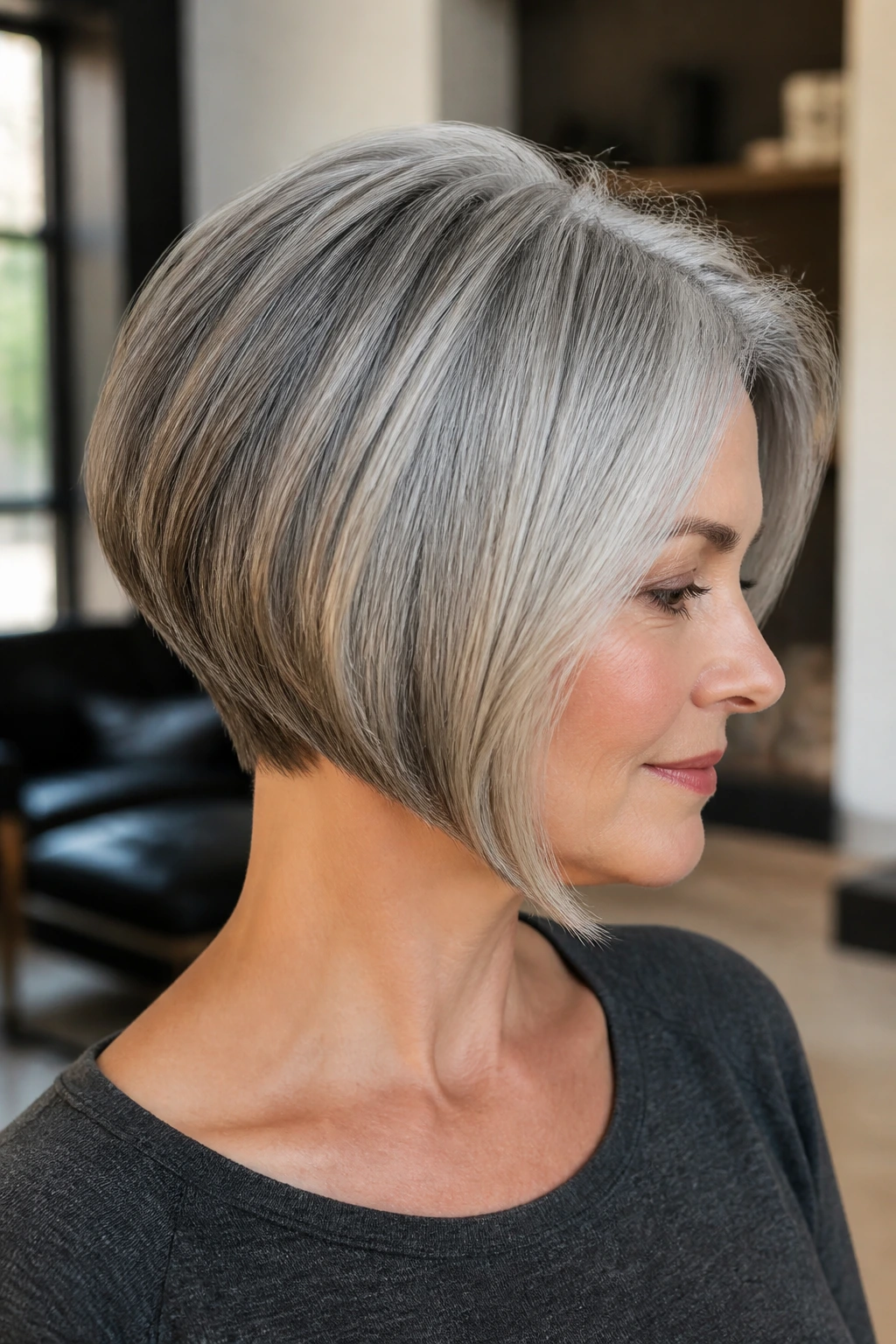 Real person with polished gray bob showing clean graduation and crown lift