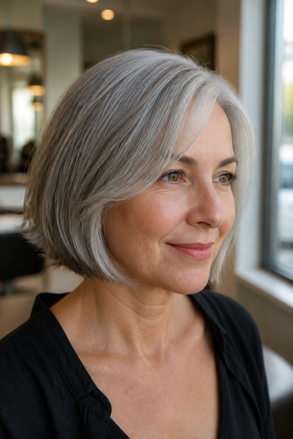 Close-up portrait of a real woman with a gray chin-length French bob and a soft side part.