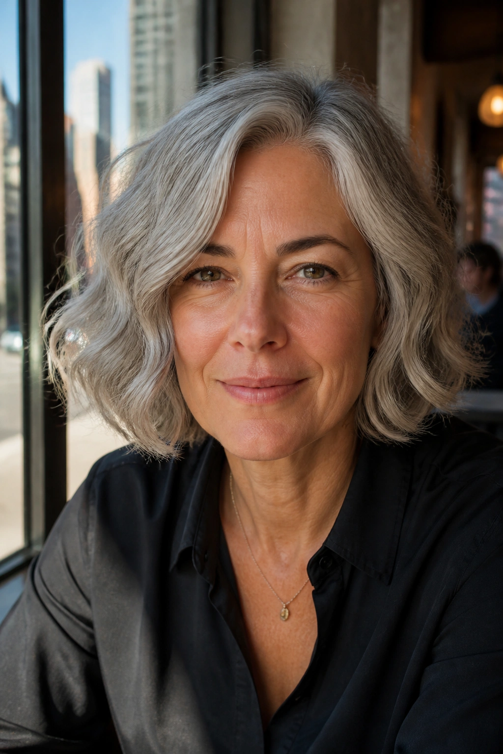 Portrait of a woman with a gray wavy bob and loose bends in soft daylight.