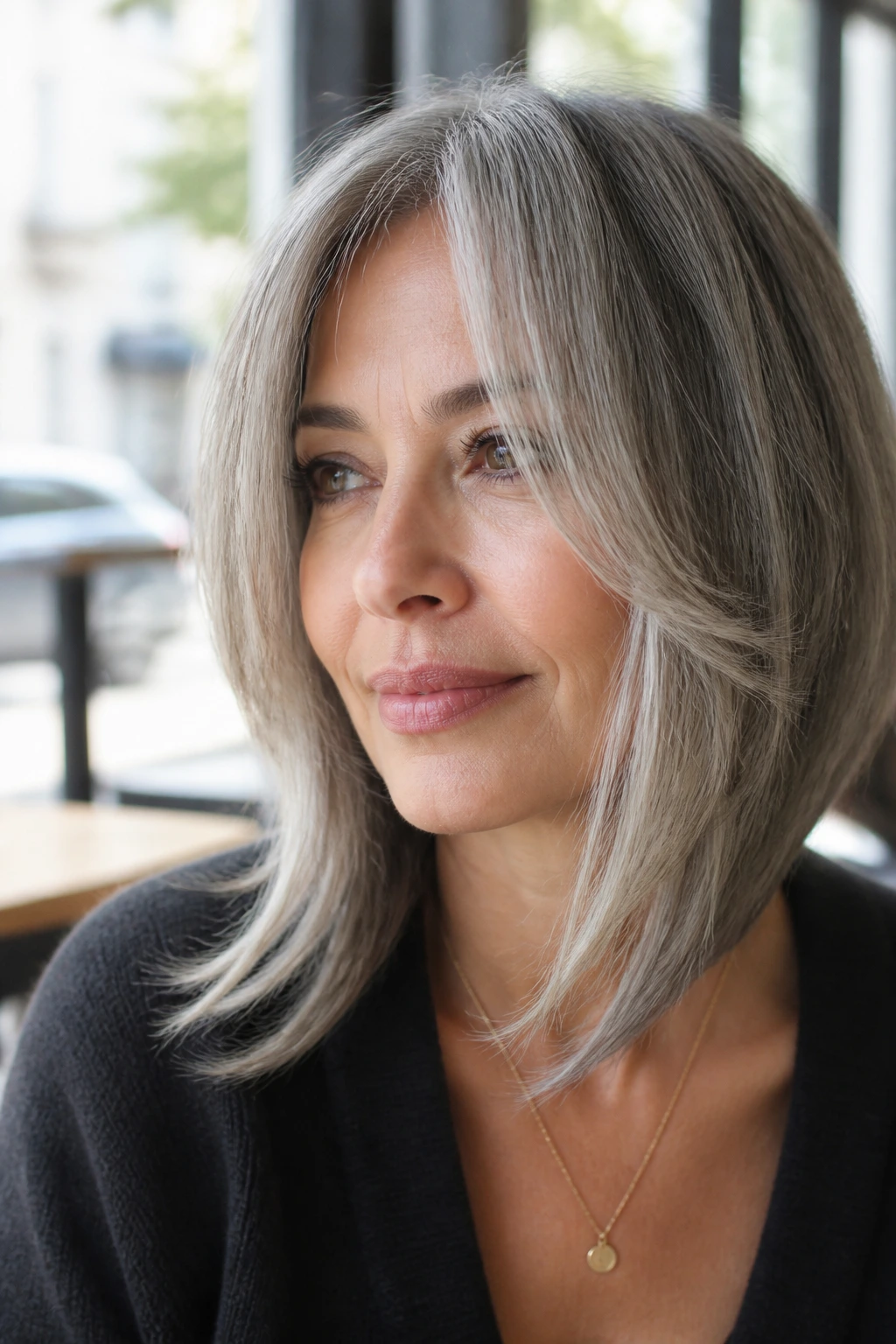 Portrait of a real woman with long curtain bangs past the jaw in gray hair
