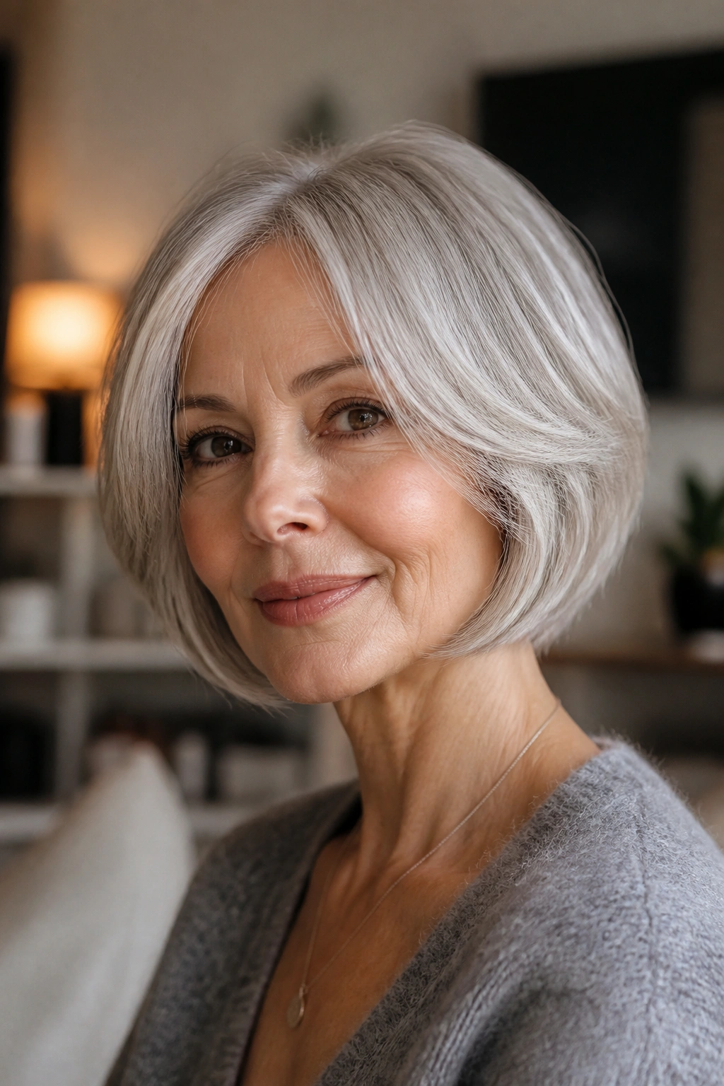Close-up portrait of a real gray-haired woman with a feathered bob in natural light