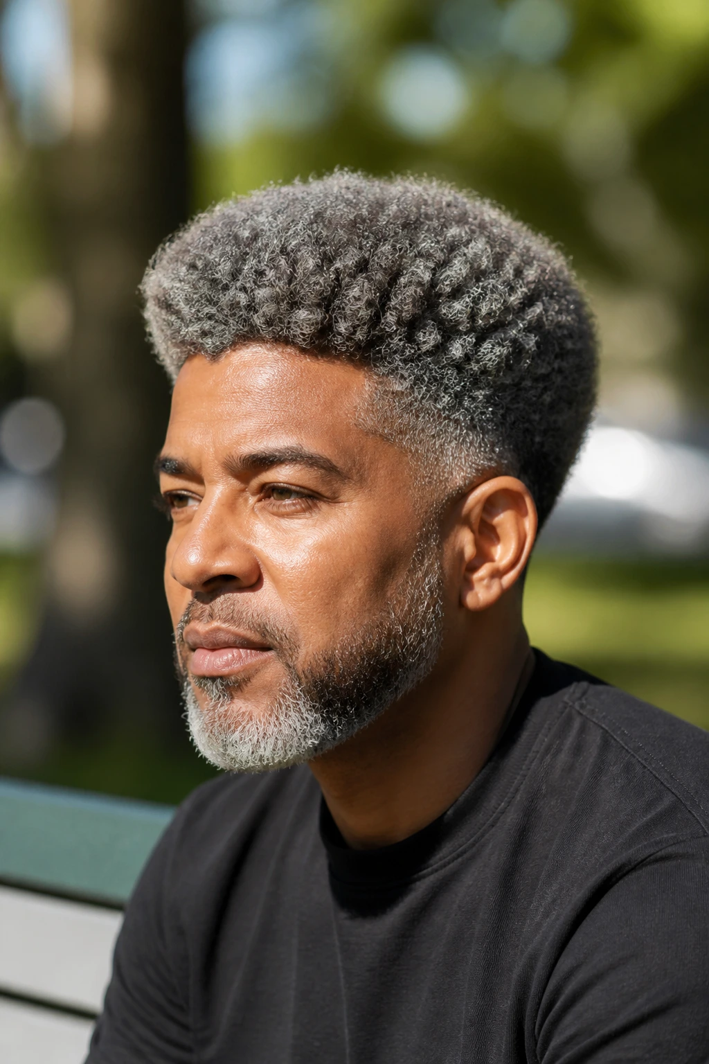 Medium close-up of man with gray afro and tapered sides in a park setting