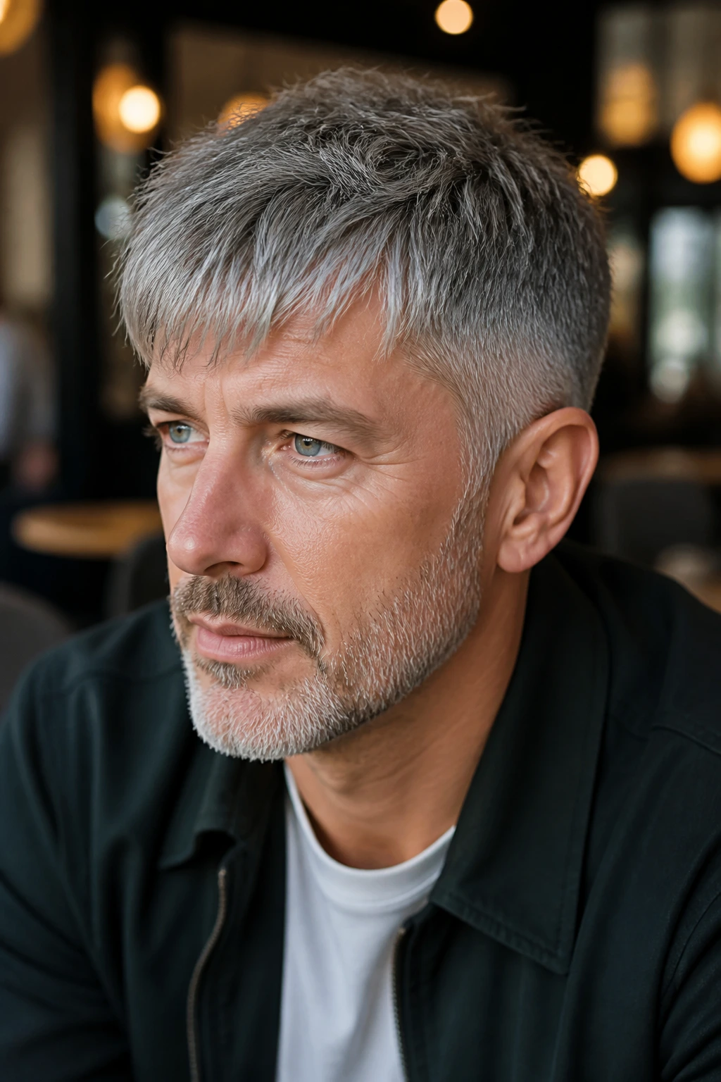 Close-up of man with gray brushed-forward fringe hairstyle in a cafe setting