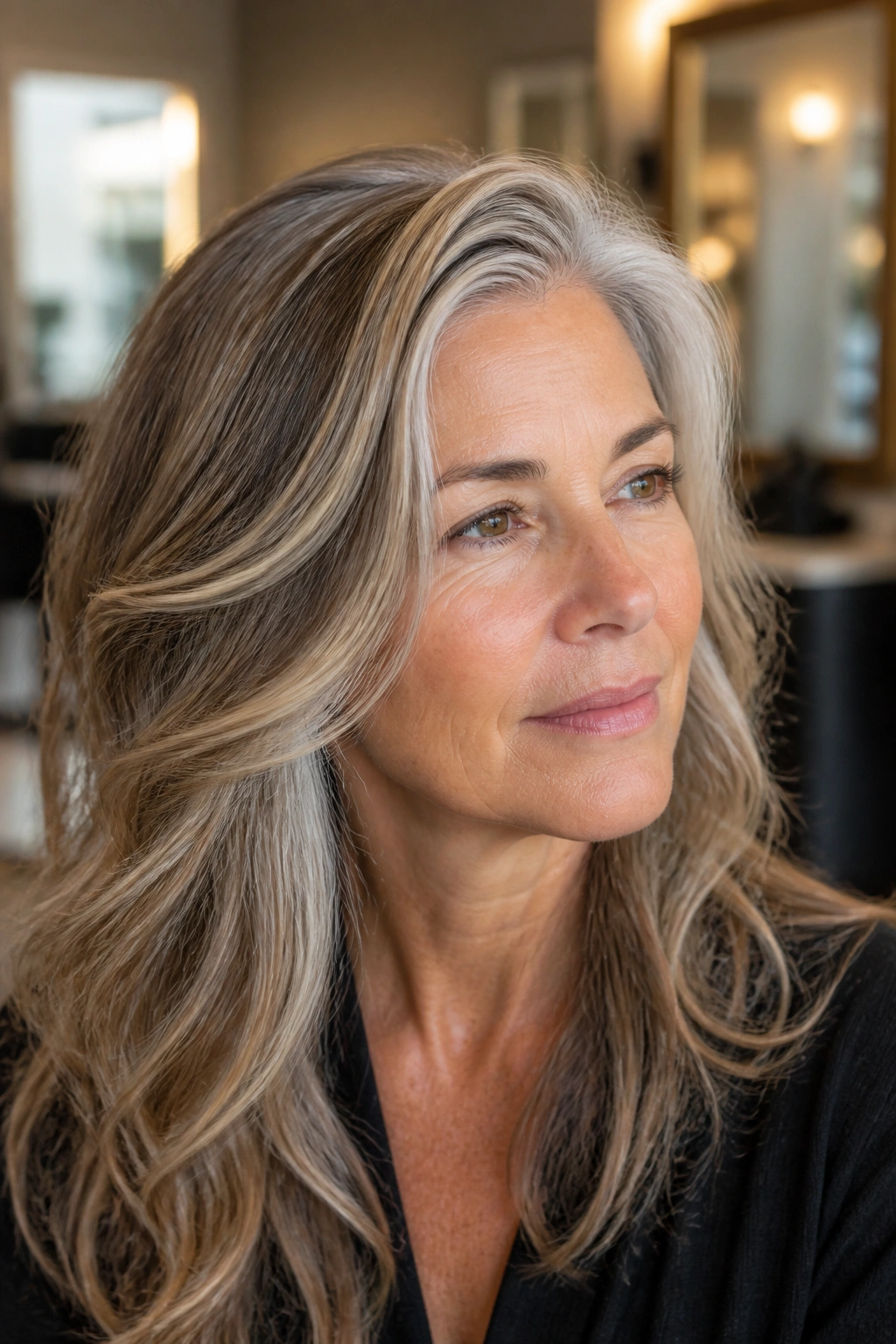 Close-up of a woman with gray hair blended with satin caramel highlights