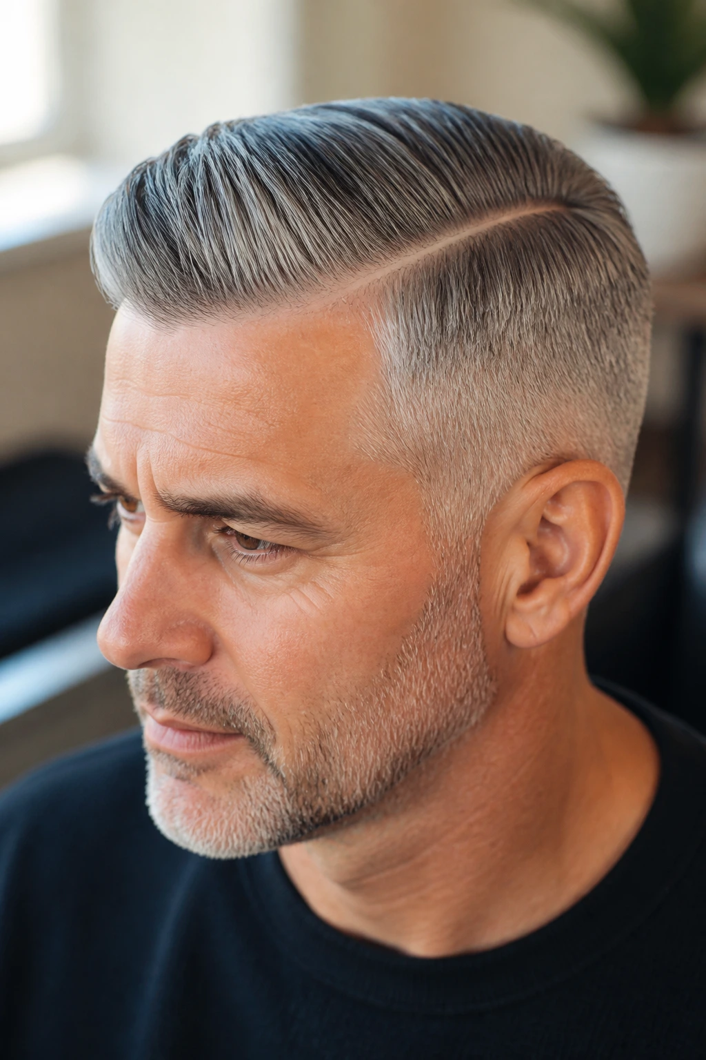 Close-up portrait of man with gray comb over hard part hairstyle
