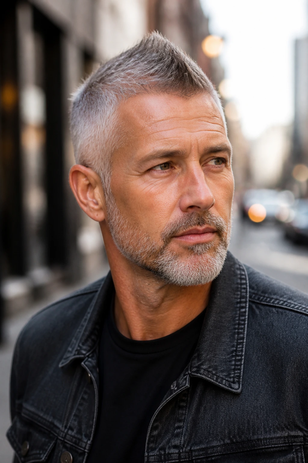 Medium close-up of a man with gray faux hawk hairstyle on city street