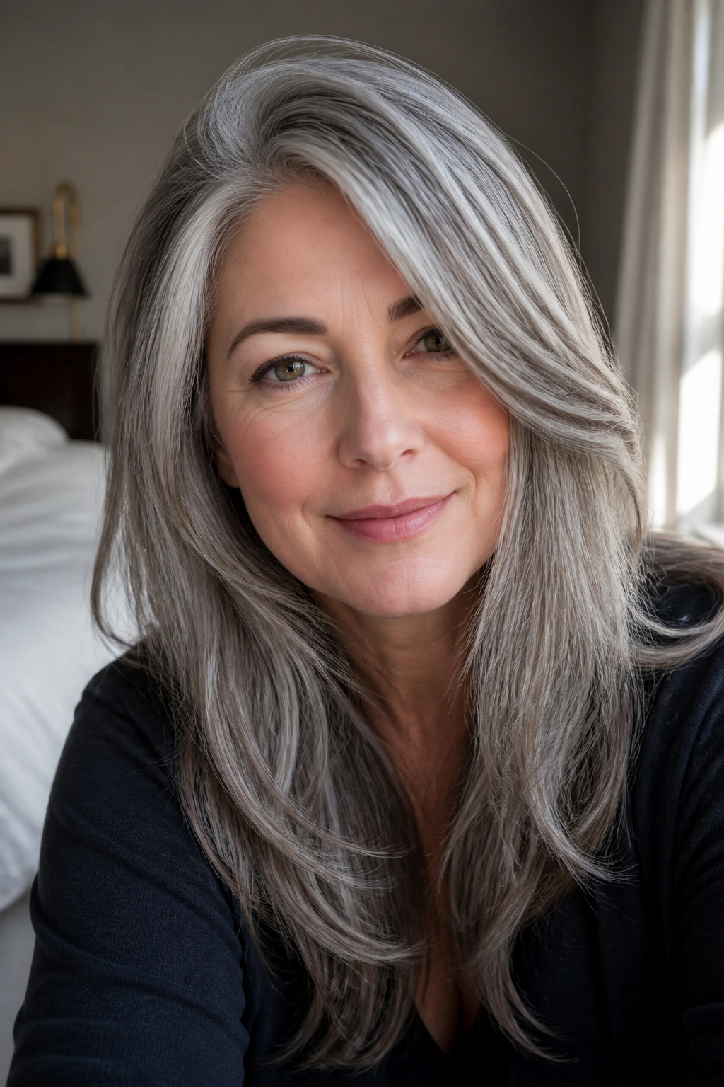 Close-up of a real woman with long layered gray hair and a deep side part.