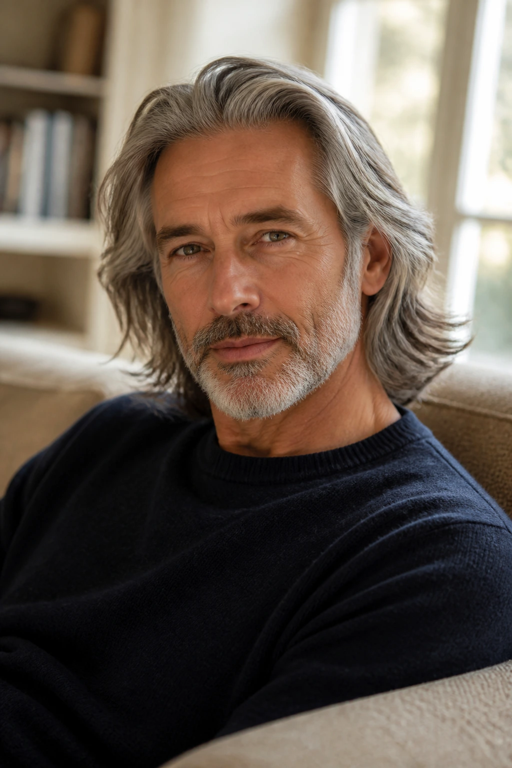 Medium close-up of man with natural medium-length swept gray hair indoors
