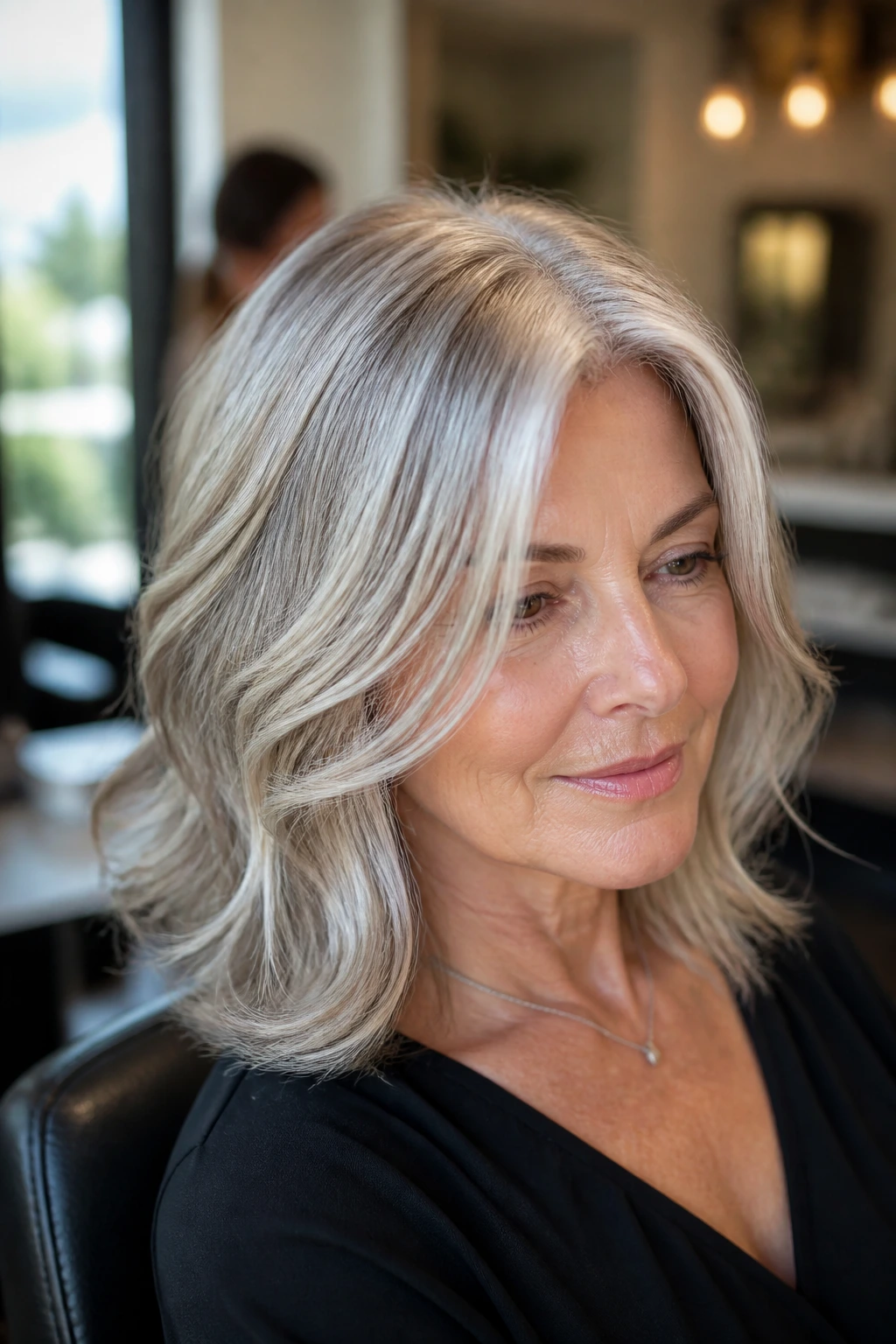 Close-up portrait of a woman with gray hair featuring pearl-silver blending for natural gray