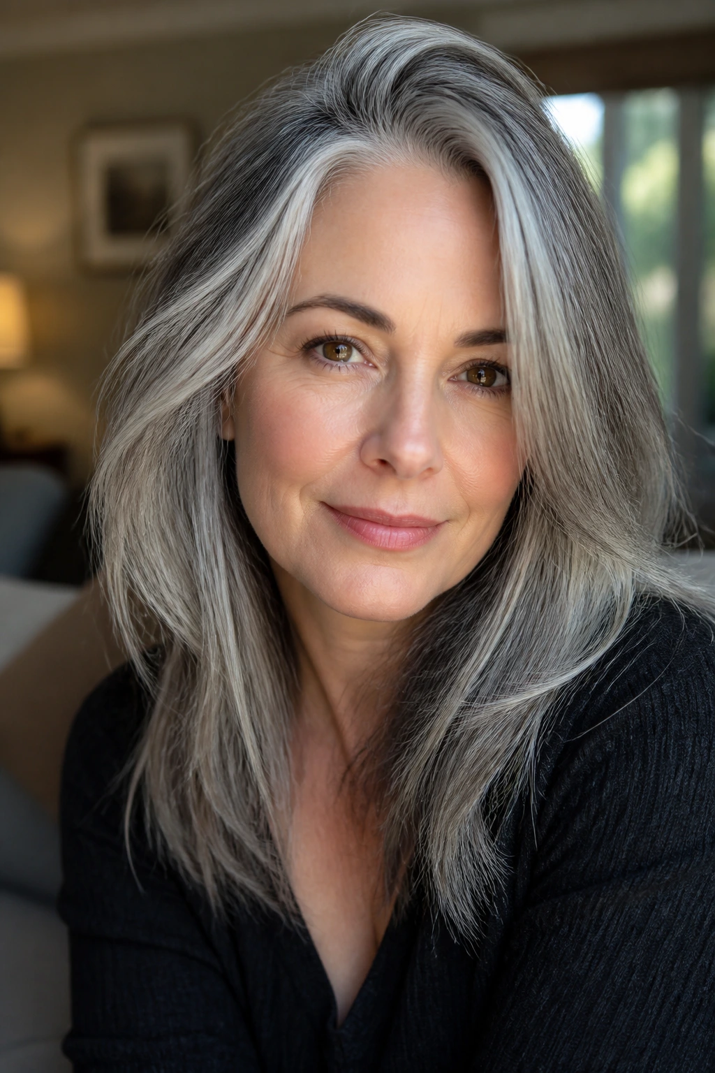 Close-up portrait of a real woman with gray hair, darker roots, and brighter ends in soft window light