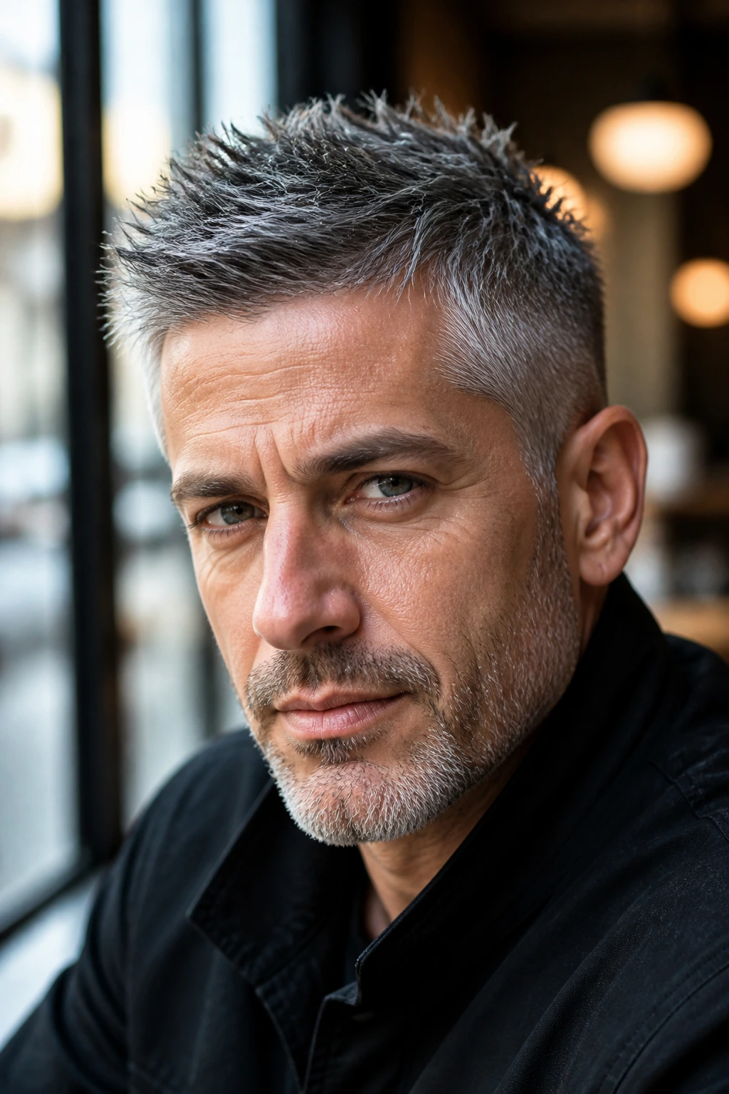 Close-up portrait of a real man with gray spiky short crop hairstyle in a warm cafe setting