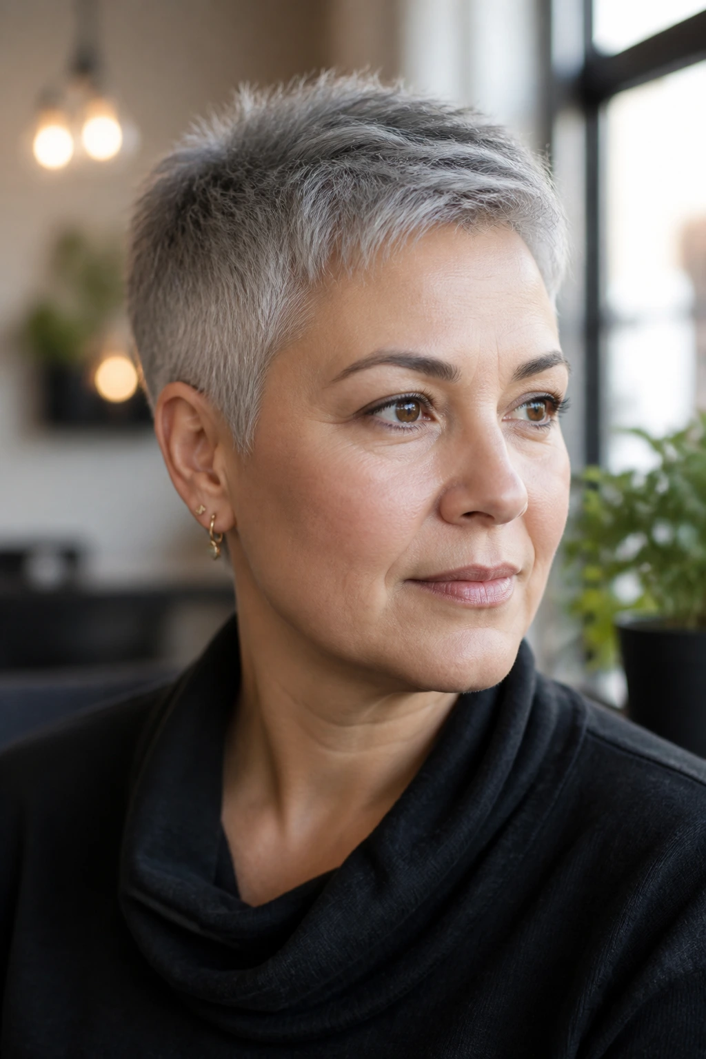 Close-up portrait of a real woman with gray tapered crop and ear-hugging sides.