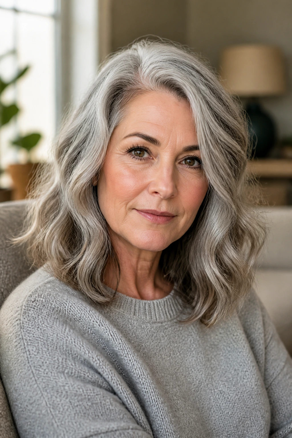 Close-up portrait of a real woman with gray hair in a wavy mid-length cut and off-center part.