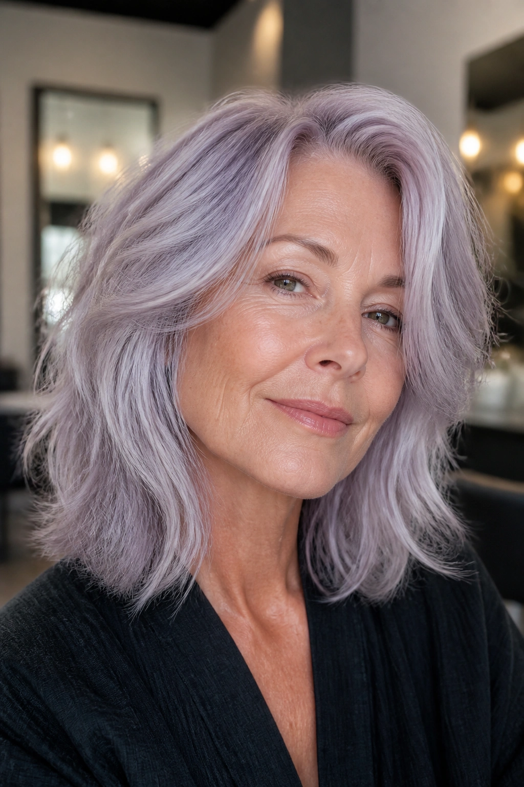 Close-up portrait of a real woman with natural gray hair tinted cool lilac