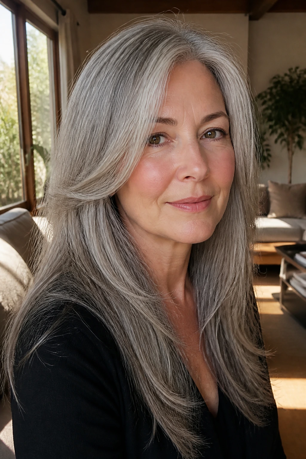 Close-up of a real woman with long gray hair showing hidden internal shaping