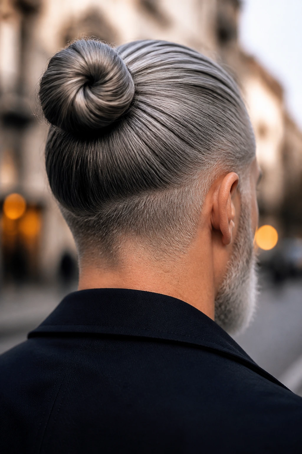 Back-of-head portrait of man with gray bun and tapered sides