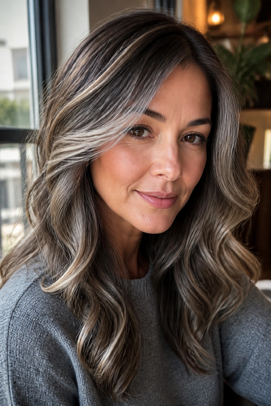 Close-up of brown hair with soft metallic gray balayage blending.
