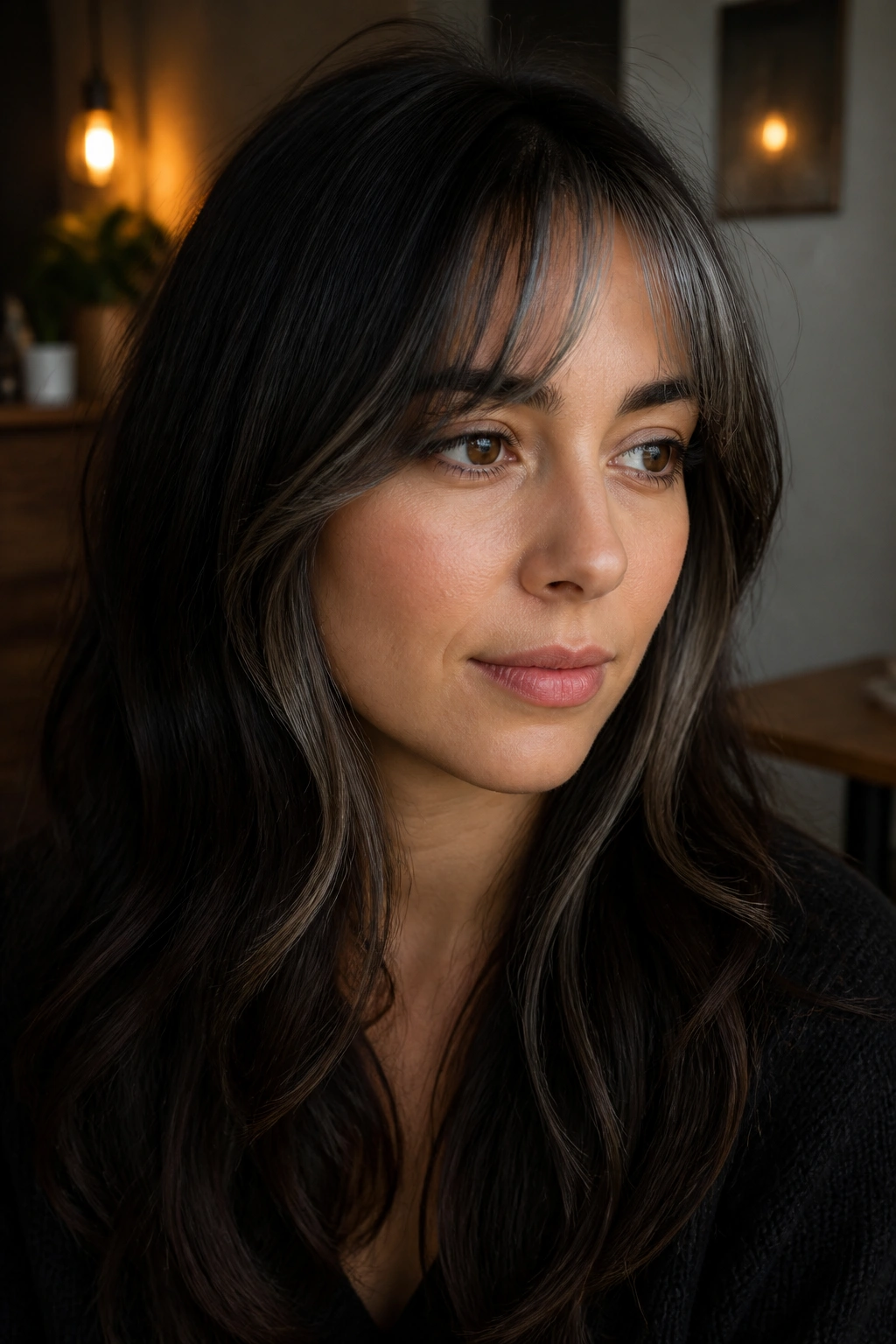 Close-up portrait of brunette with gray peekaboo bangs showing flashes of gray through the fringe