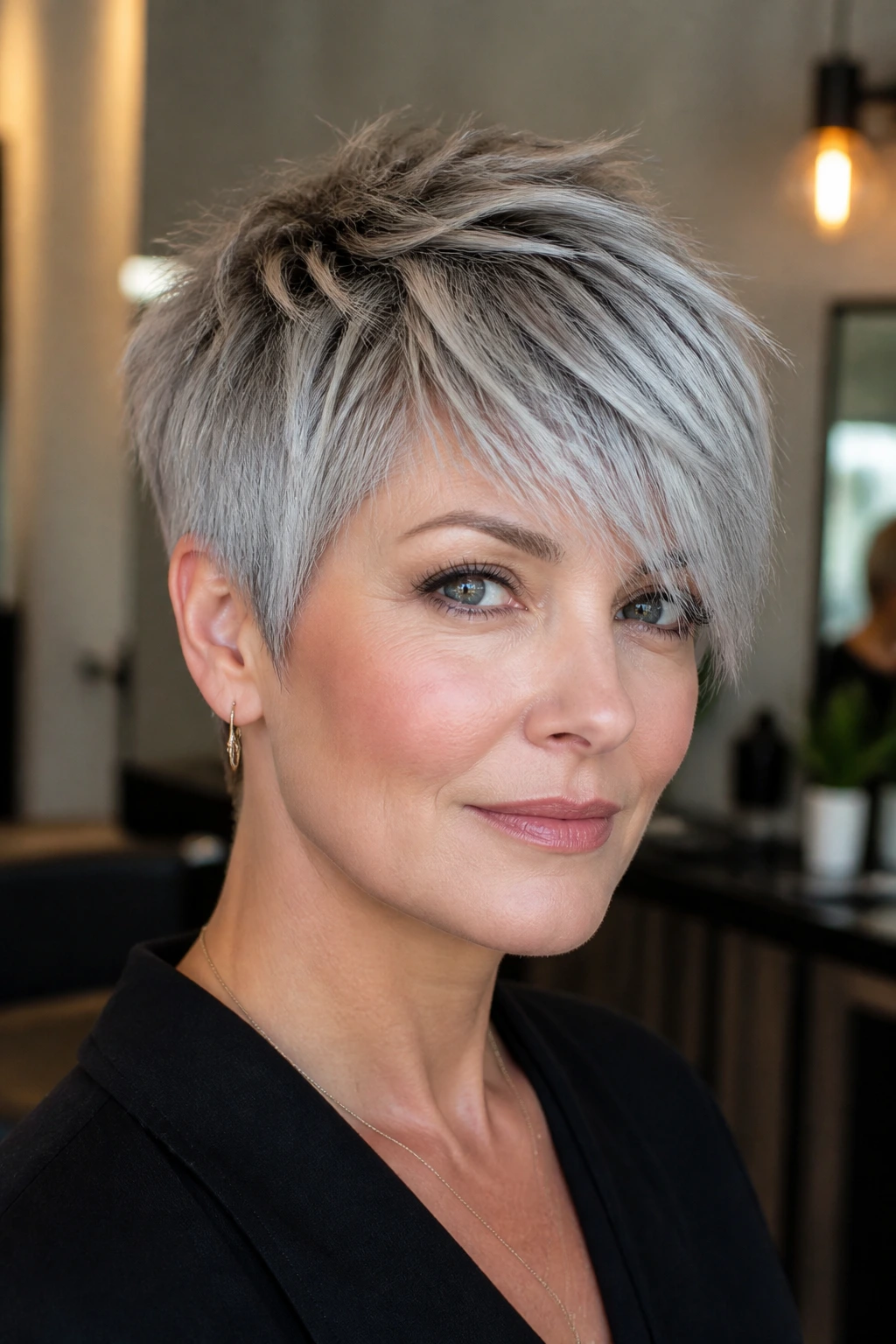 Close-up of a real woman with a textured gray pixie and a long diagonal fringe