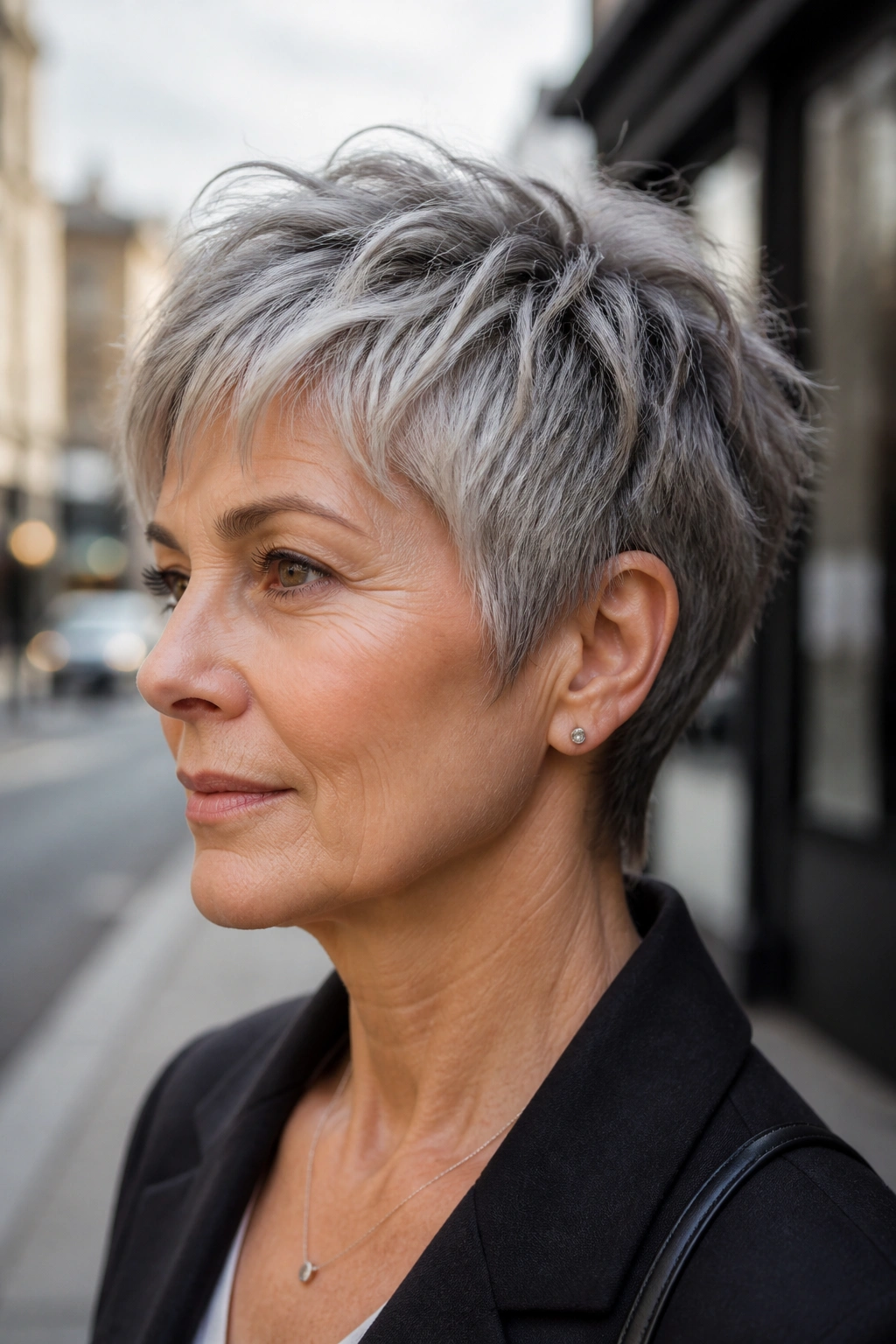 Close-up of a woman with pixie-length gray shag and tapered nape.