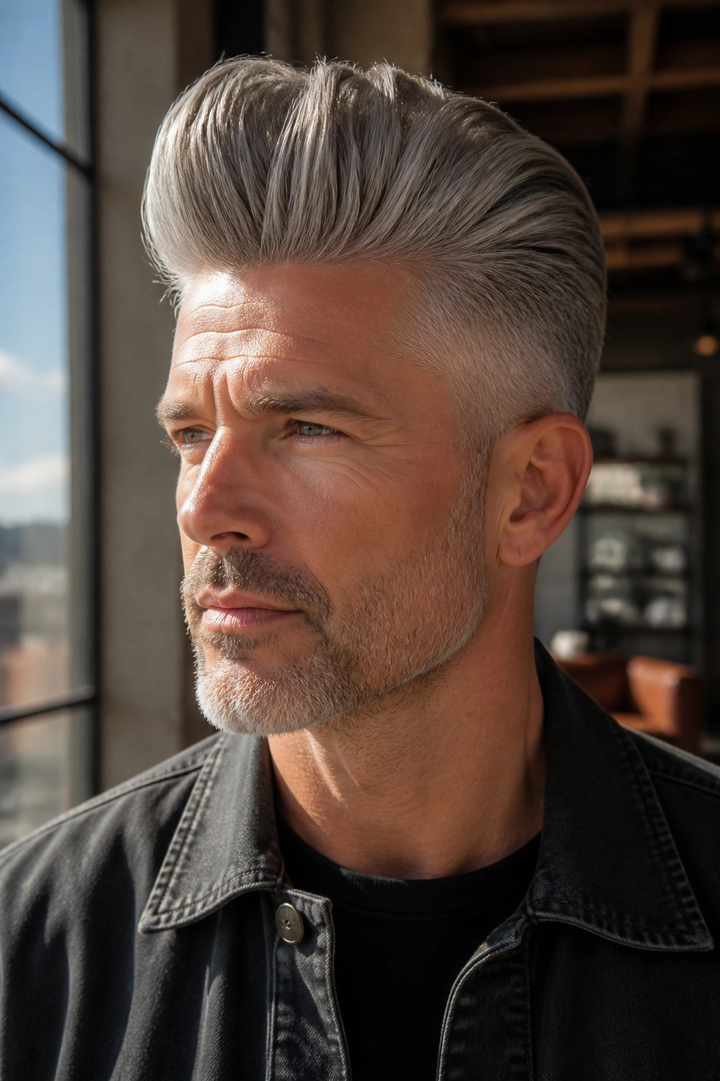 Close-up portrait of a man with a gray pompadour in a stylish loft setting.