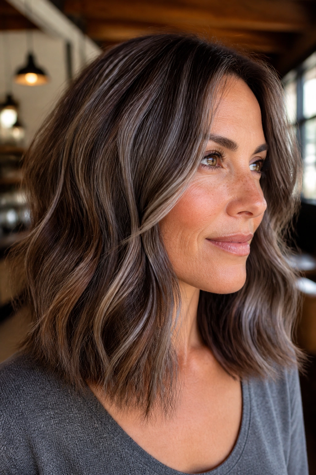 Close-up of a real woman with smoky gray ribbons woven into chestnut brown hair