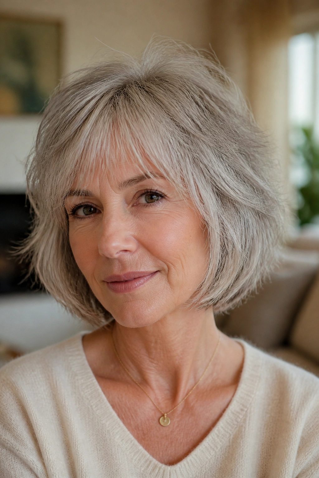 Close-up portrait of a real woman with chin-length gray shag and feathered fringe in natural window light.