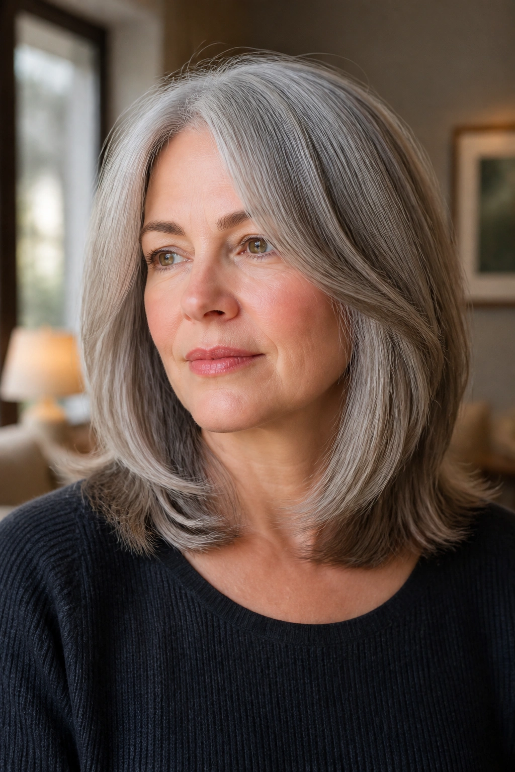 Head-and-shoulders portrait of a real person with gray hair shoulder-length layers starting below the chin.