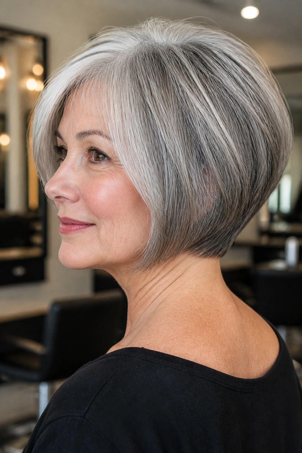 Portrait of a real woman with a stacked bob and graduated back in gray hair
