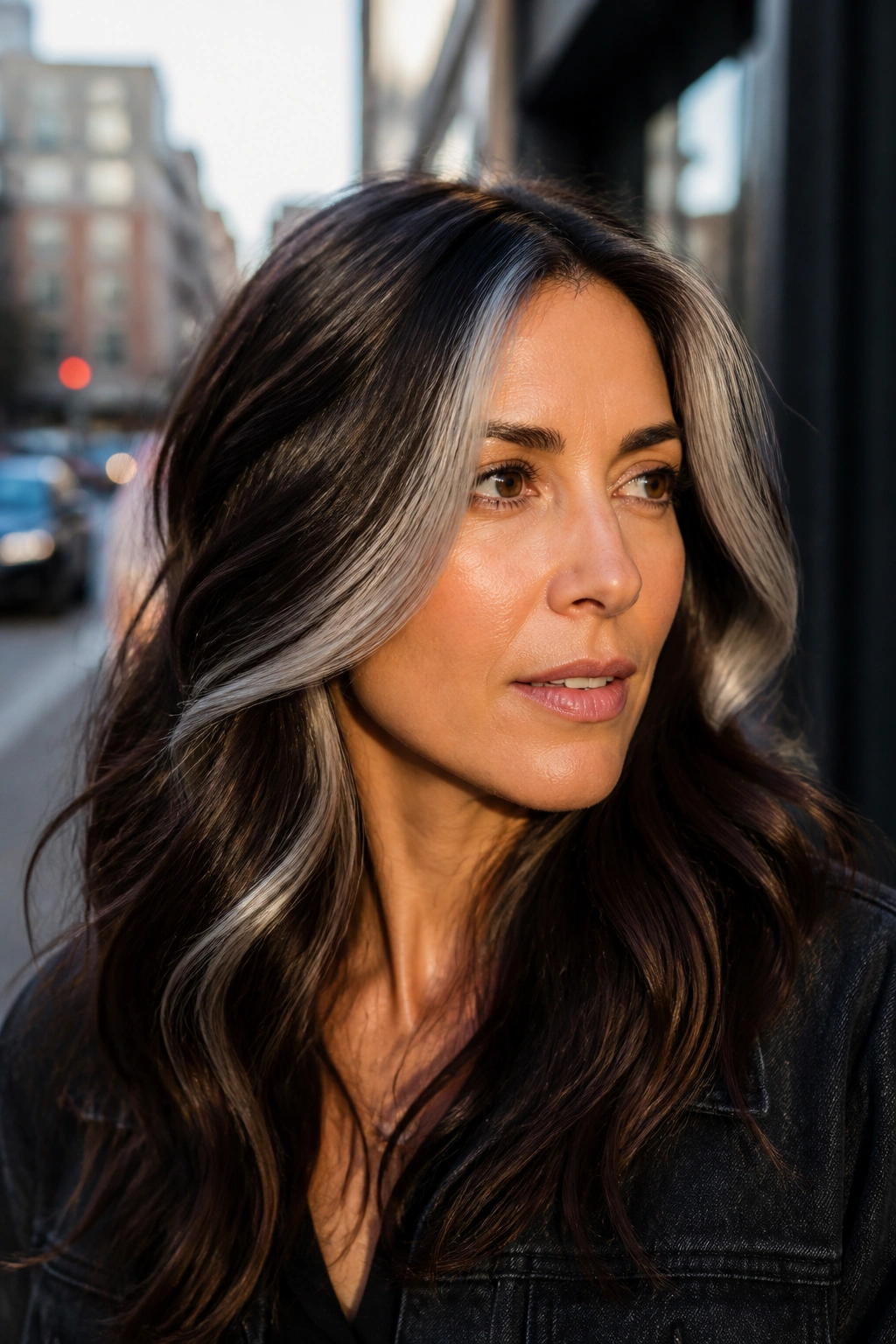 Portrait of woman with high-contrast gray streaks on chocolate-brown hair