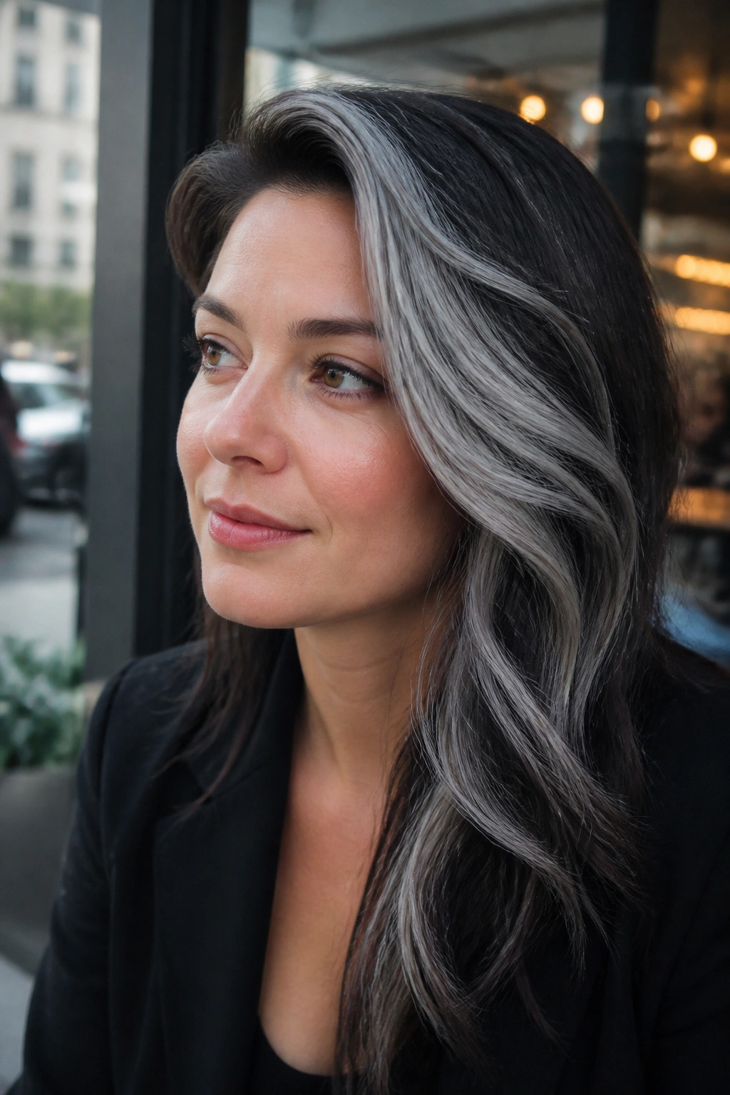 Three-quarter portrait of a real woman with a one-sided gray sweep in brown hair.
