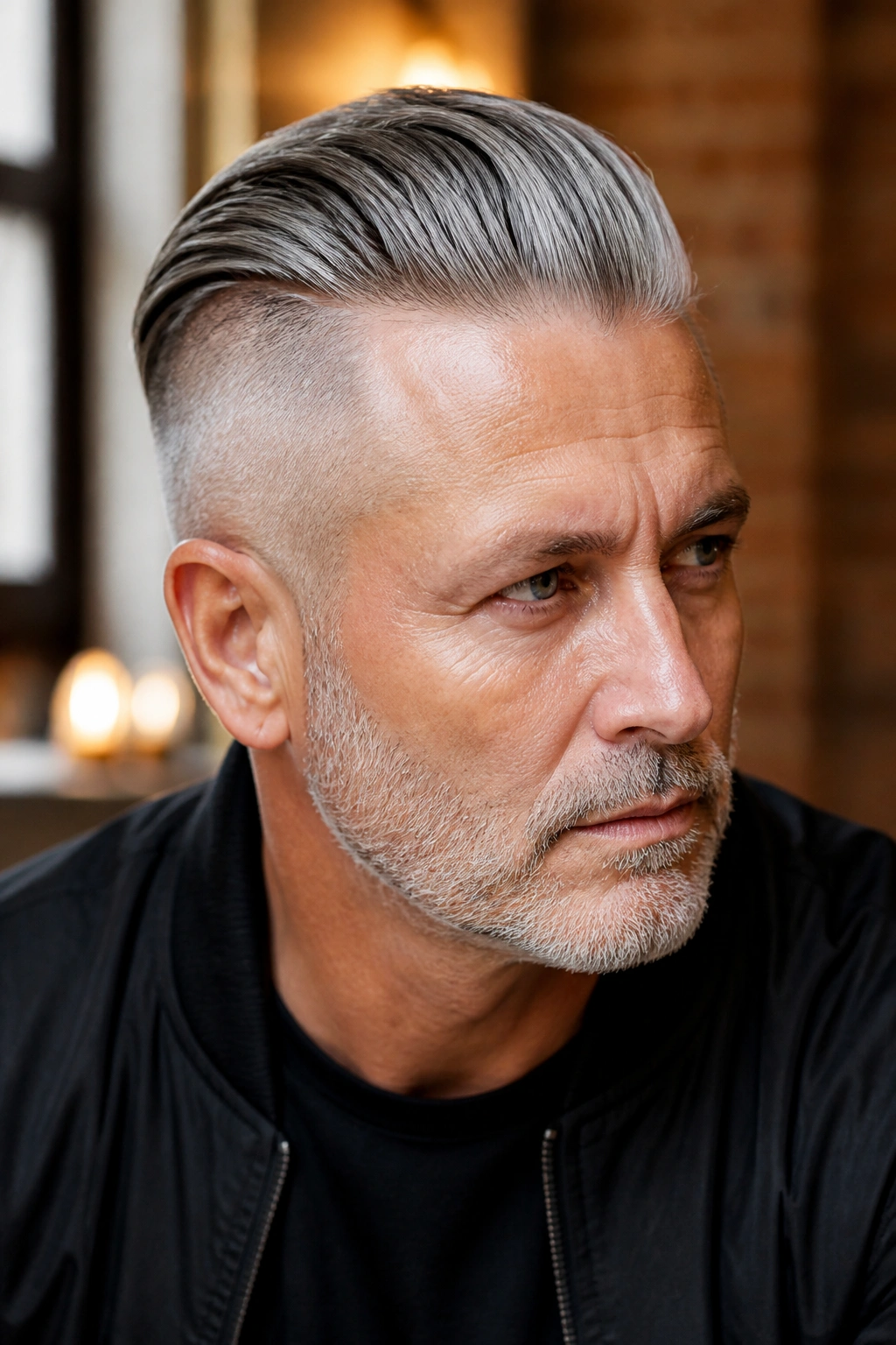 Close-up portrait of a man with a slicked-back gray undercut