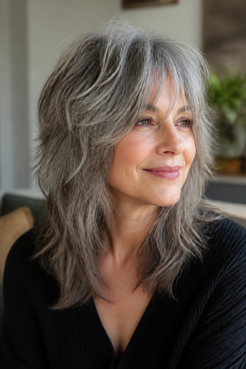 Close-up of a real woman with a soft wolf cut and broken layers in gray hair