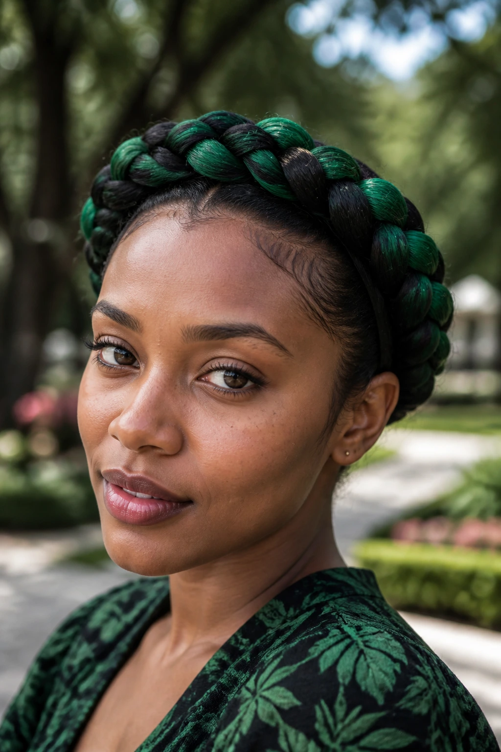 Close-up of a real person wearing a green-and-black halo braid around the crown