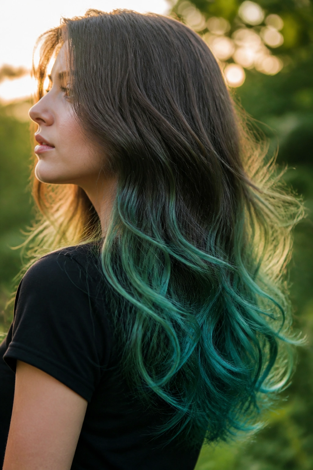 Portrait of a real person with long green-blue mermaid ends in natural light