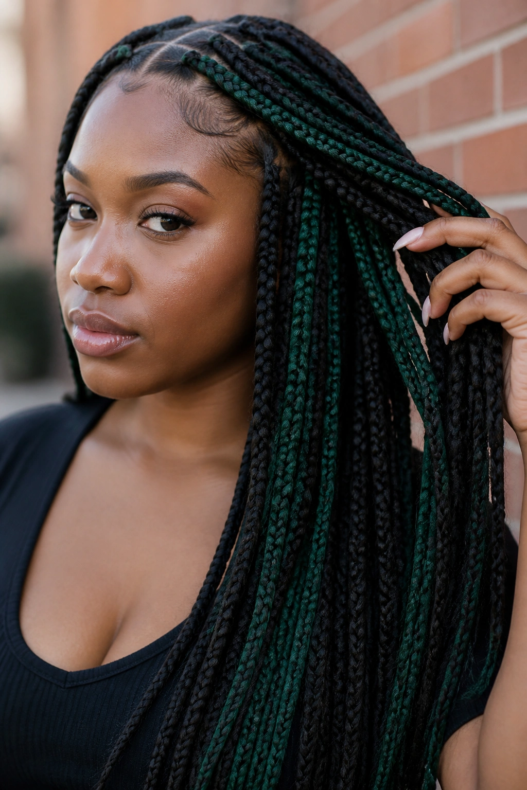 Close-up of bottle green peekaboo braids on a real person