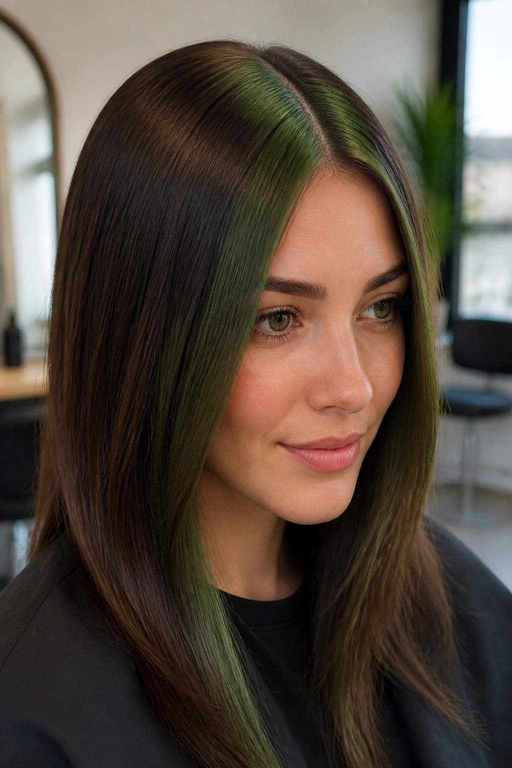 Brunette with glossy green ribbon part along hairline