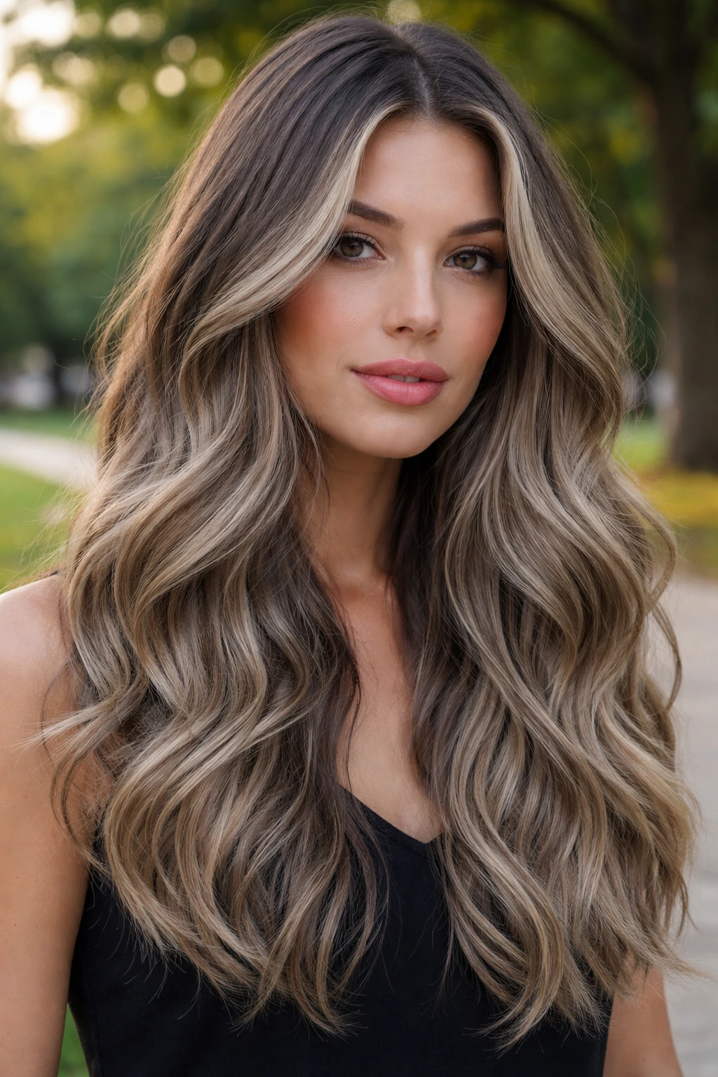 Woman with greige balayage hair in a park during afternoon light